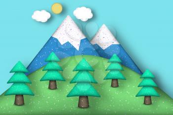 Style Paper Origami Concept: Applique Scene with Cut Pines, Mountains, Clouds, Sun. Cutout Template with Elements, Symbols. Modeling Landscape for Card, Poster. Vector Illustrations Art Design.