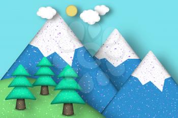 Applique Scene with Cut Pines, Mountains, Clouds, Sun Style Paper Origami Concept. Modeling Landscape for Card, Poster. Cutout Template with Elements, Symbols. Vector Illustrations Art Design.
