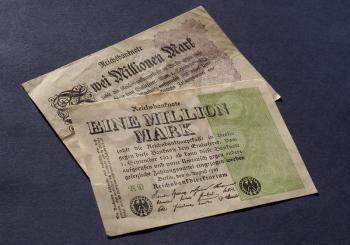 Eine und Zwei Million Mark (meaning One and Two Million Mark) year 1923 banknotes inflation money from Weimar Republic