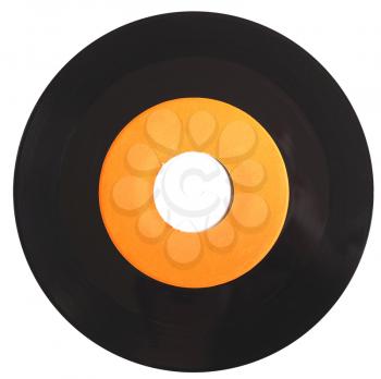 Vinyl record vintage analog music recording medium with orange label isolated over white