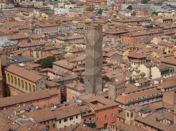 Aerial view of the Torre Prendiparte tower in the city of Bologna, Italy