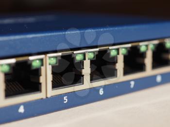 Modem router switch with ports for RJ45 plug in LAN local area network ethernet connection