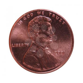 Dollar (USD) coin, currency of United States (USA) - One cent isolated over white background