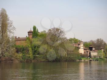Castello Medievale (meaning Medieval Castle) in Parco del Valentino park seen from river Po in Turin, Italy