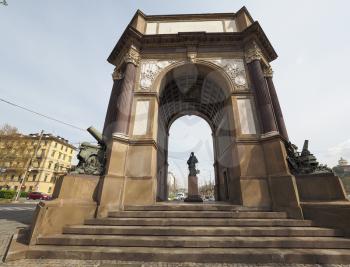 Arco del Valentino (meaning Arch of Valentino park) dedicated to the artillery designed by Pietro Canonica in 1930 in Turin, Italy