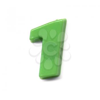 Number 1 (one), plastic magnetic toy over white background
