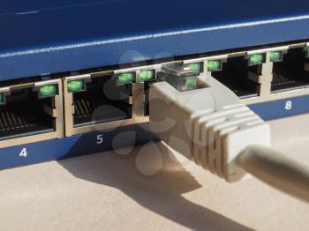 Modem router switch with ports for RJ45 plug in LAN local area network ethernet connection