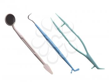 Disposable dental instruments tool kit including a mirror probe and tweezers isolated over white