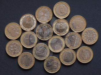 Euro coins currency from many different countries in the European Union, plus the common side