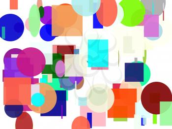 Abstract minimalist blue brown green grey orange pink red violet white yellow illustration with circle and ellipses squares and rectangles and white background