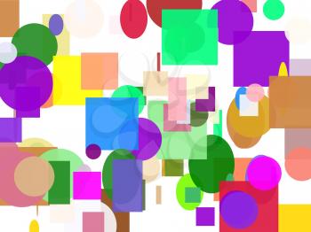 Abstract minimalist blue brown green grey orange pink red violet white yellow illustration with circle and ellipses squares and rectangles and white background