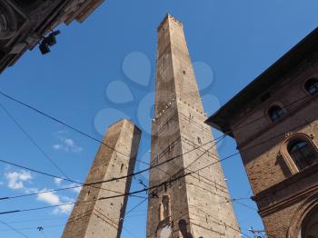 Torre Garisenda and Torre Degli Asinelli leaning towers aka Due Torri (meaning Two towers) in Bologna, Italy