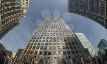 The Canary Wharf business centre in London, UK seen with fisheye