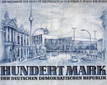 Detail of a 100 Mark banknote from the DDR (East Germany)  - Note: no more in use since german reunification in 1989