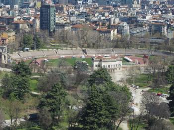 Aerial view of Parco Sempione park in the city of Milan in Italy