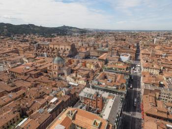 Aerial view of Via dell Indipendenza street and Piazza Maggiore square in the city of Bologna, Italy