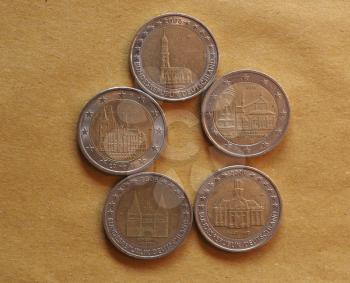 German Two Euro coins money (EUR), currency of European Union