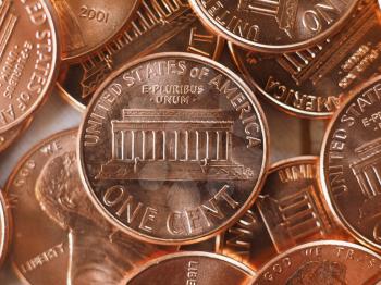 1 cent coin money (USD), currency of United States, selective focus