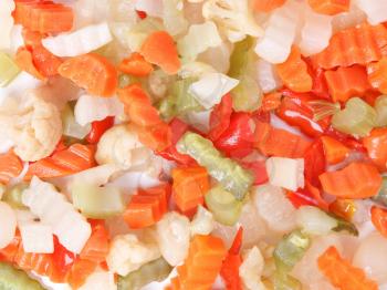 Mixed vegetables as used in Russian Salad including carrots turnips courgettes zucchini cauliflower peppers celery onions
