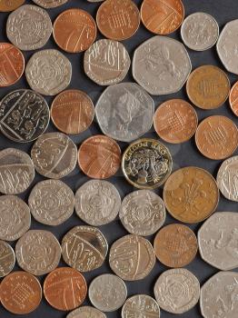 Pound coins money (GBP), currency of United Kingdom, over black background
