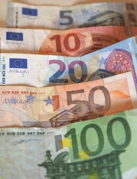 Euro (EUR) banknotes, currency of European Union (EU) - Five, Ten, Twenty, Fifty, One Hundred tender