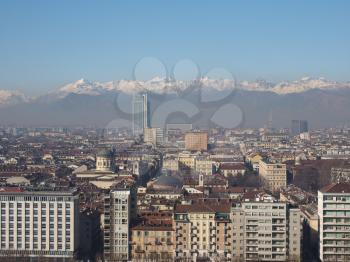 Aerial view of the city of Turin, Italy seen from the hill
