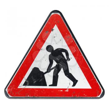 Road works sign for construction works in street - isolated over white background