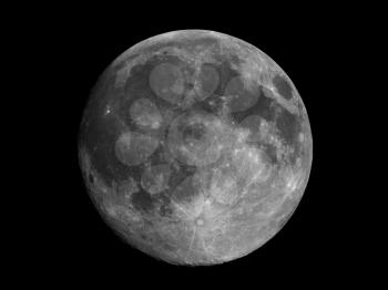 Full moon seen with an astronomical telescope, high resolution composite stacked image, improved contrast