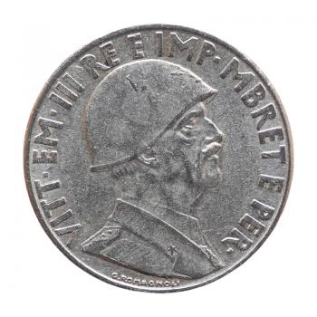 Old Albanian 1 Lek coin with Victor Emmanuel III King and Emperor (Vittorio Emanuele III Re e Imperatore in Italian), circa 1939 isolated over white background