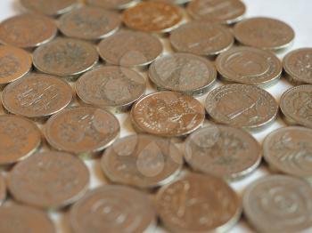Array of Pound (GBP) coin, currency of United Kingdom (UK) - Perspective with selective focus