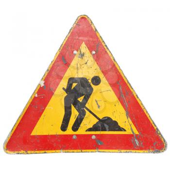 Road works sign for construction works in progress - isolated over white background