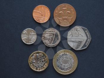 Pound coins money (GBP), currency of United Kingdom - full series includind one penny, two pence, five pence, ten pence, twenty pence, fifty pence, one pound, two pounds