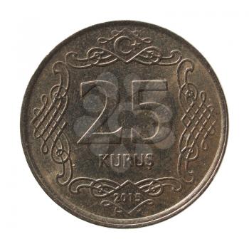 Money - 25 Kurus coin of Turkey isolated over white background