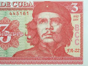 Detail of Che Guevara on a Vintage 3 Pesos banknote from Cuba