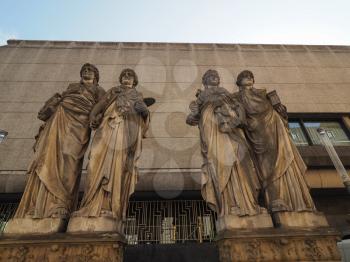 Karyatiden (meaning Caryatids) in front of the Kunsthalle (Art Gallery) by Leo Muesch unveiled in1879 in Duesseldorf, Germany