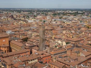Aerial view of the Torre Prendiparte tower in the city of Bologna, Italy