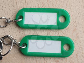 Green key ring with blank paper label with copy space