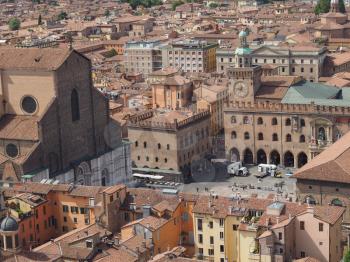 Aerial view of Piazza Maggiore square and San Petronio church in the city of Bologna, Italy