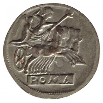 Ancient roman coin with chariot and horses isolated over white background