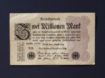 Zwei Millionen Mark (meaning Two Million Mark) year 1923 banknote inflation money from Weimar Republic