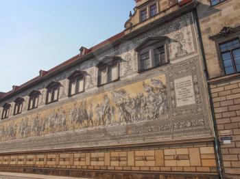 Fuerstenzug meaning Procession of Princes, large mural of a mounted procession of the rulers of Saxony painted in 1871 in Dresden, Germany