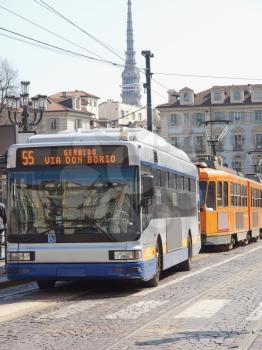 A bus and tramway in Piazza Castello, Turin, Italy