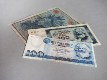 Vintage withdrawn banknotes of German Democratic Republic and German Empire