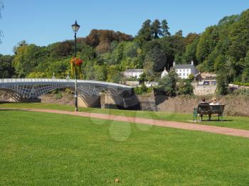 Old Wye Bridge crossing the river between Monmouthshire in Wales and Gloucestershire in England in Chepstow, UK