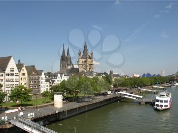 Koeln (Germany) panorama including the gothic cathedral and river Rhine