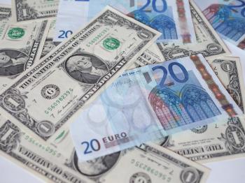 Mixed banknotes Euro and Dollars useful as a background