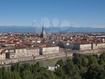 Turin skyline panorama seen from the hills surrounding the city