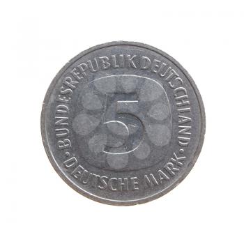 Five Deutsche Mark coin isolated over a white background