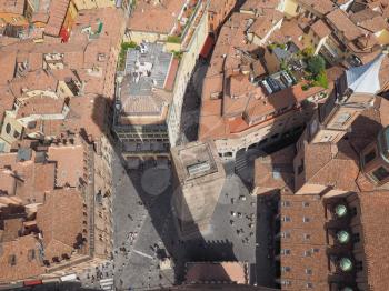 Aerial view of the Garisenda tower in the city of Bologna, Italy