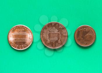 Dollars, Euro and Pounds currency of United States, European Union and United Kingdom - One Cent and One Penny
